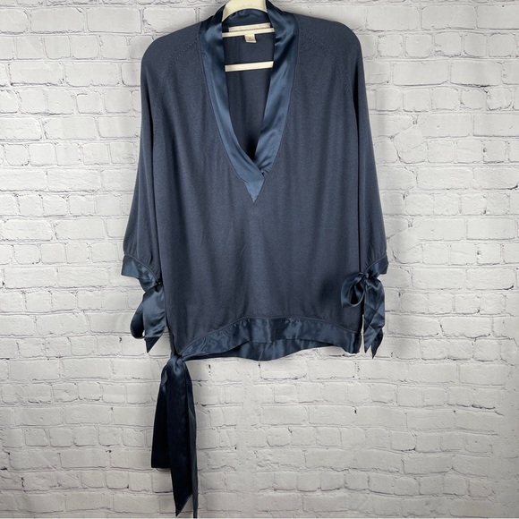 Stella McCartney Sweaters - Stella McCartney Navy Satin-Trim V-Neck Sweater